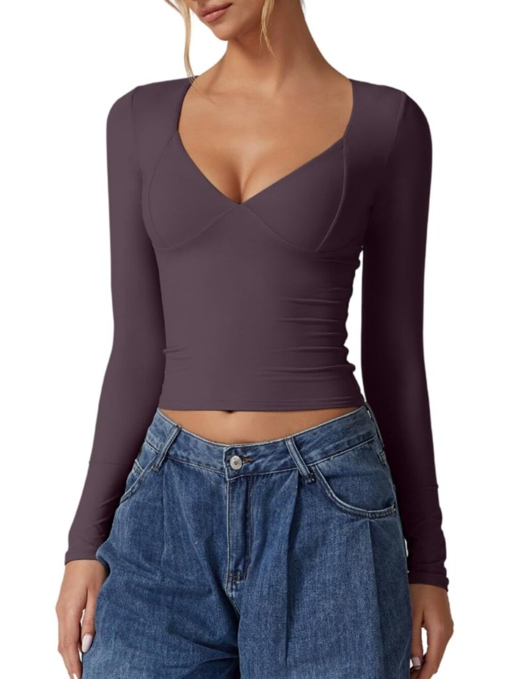 Women's Prune Purple Long Sleeve V Neck Double Lined Crop Top Seamed Cup XS